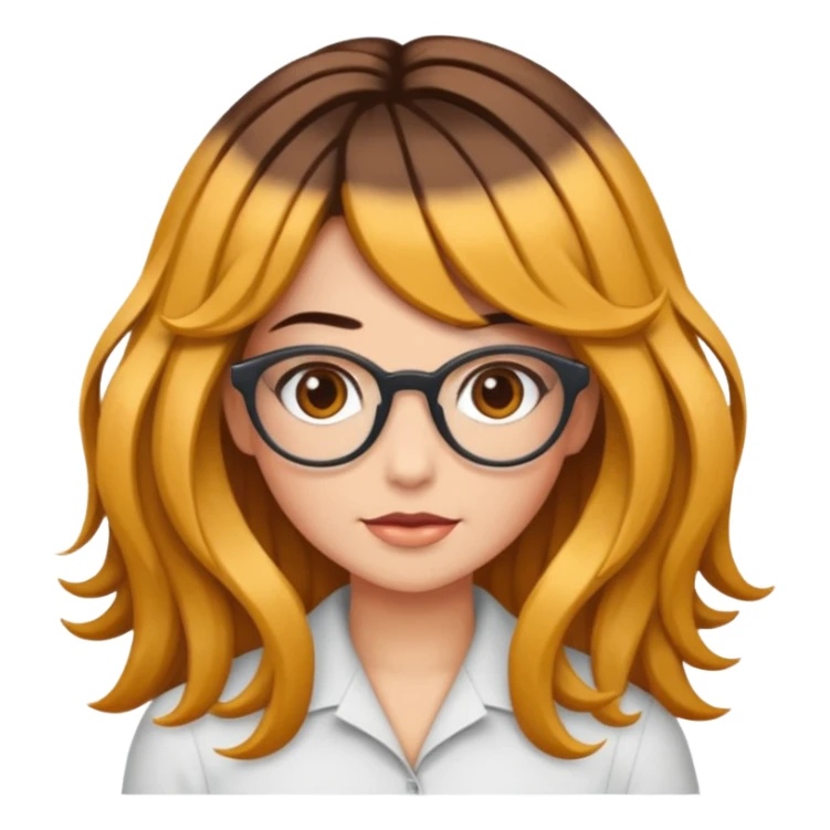 Uma garota de cabelos cacheados compridos e mechas loiras, com pele morena clara e óculos sticker