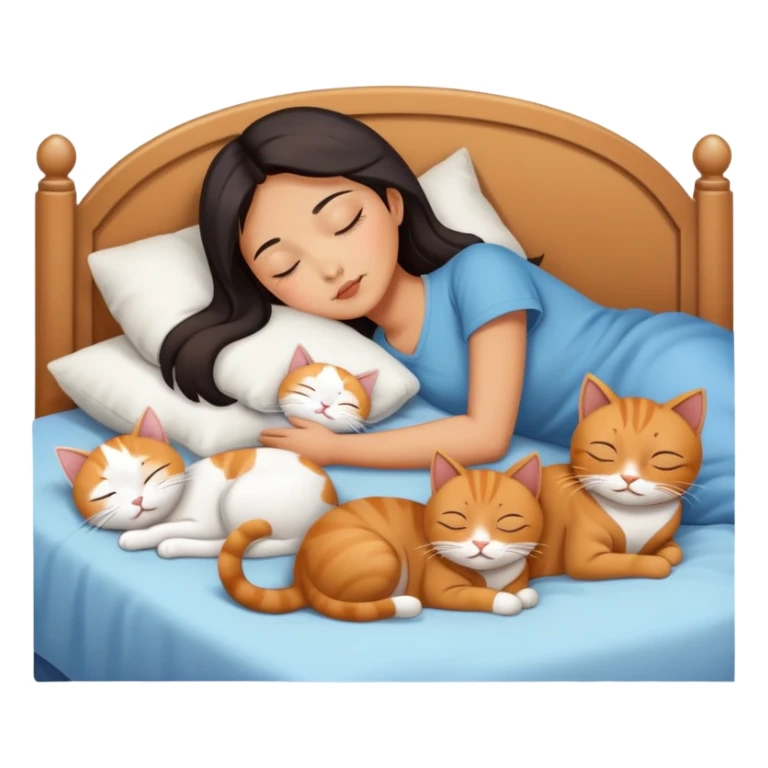 asian woman sleep on the bed that has 4 cats sleep around her sticker