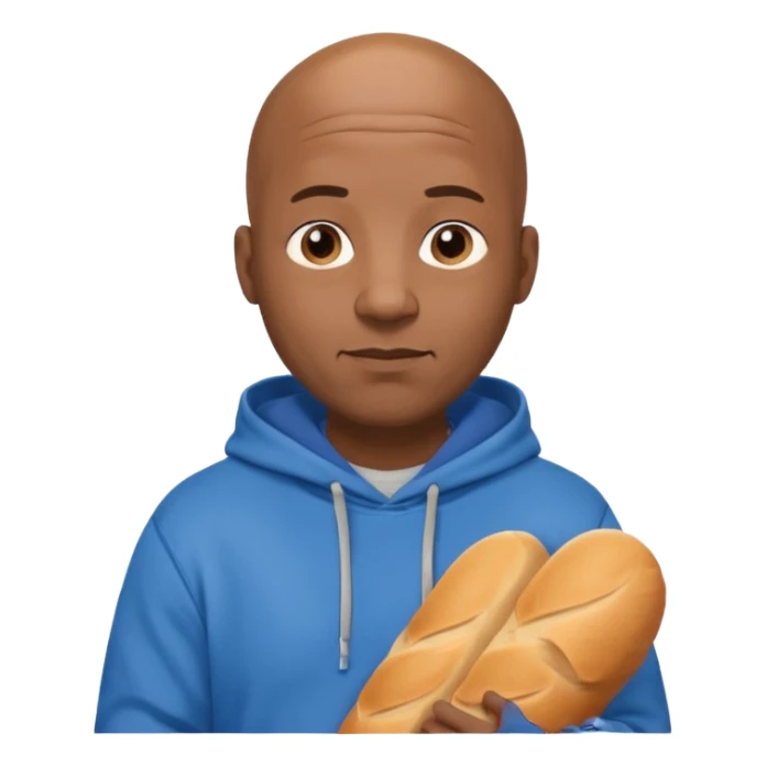 Bald black guy 40 years old with blue hoodie and and bread emoji sticker