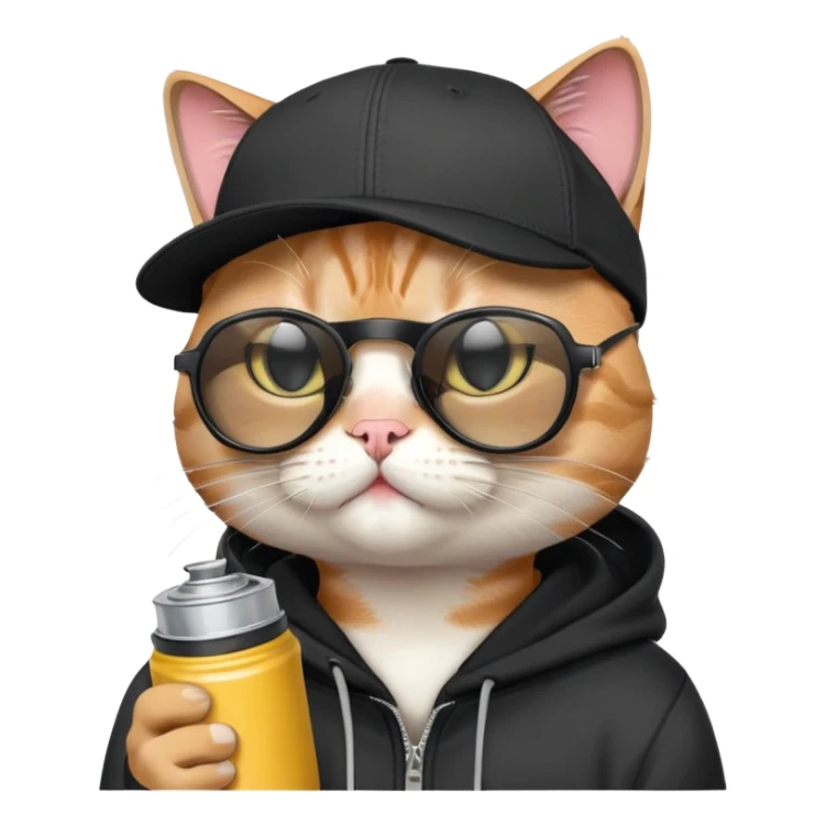 cat with one eye CLOSED in a CLEAR WINK, wearing black snapback cap and black hoodie, black sunglasses tilted low on nose, looking over the top of sunglasses at viewer with other eye open, holding spray paint can sticker