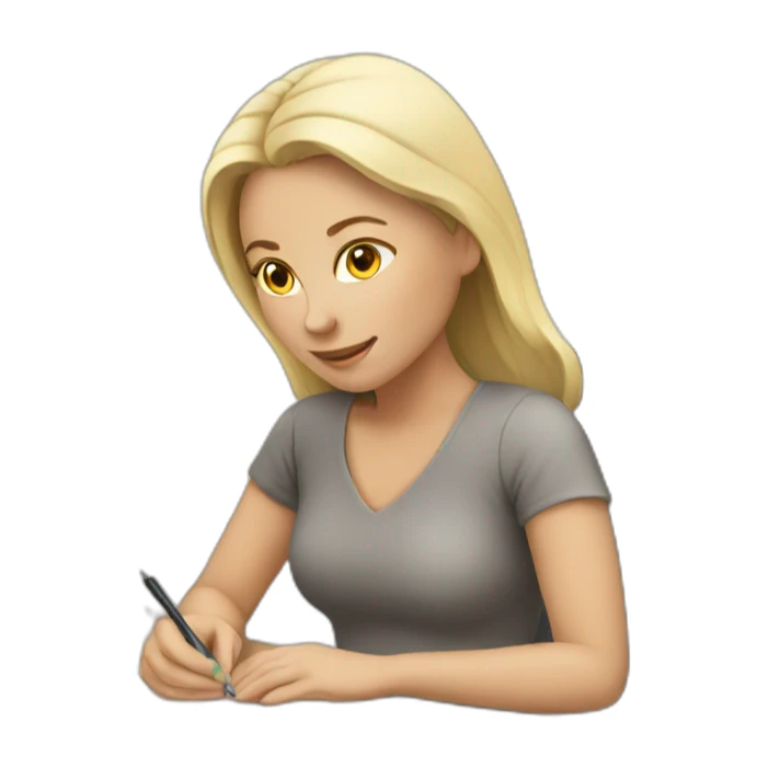 white woman writing with laptop sticker