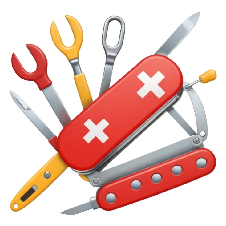 swiss army knife emoji with tools representing bookkeeping, payments, customer service, and sales, each tool with small icons showing their function, focus on phone contact with customers for e-conomic, colorful and friendly sticker