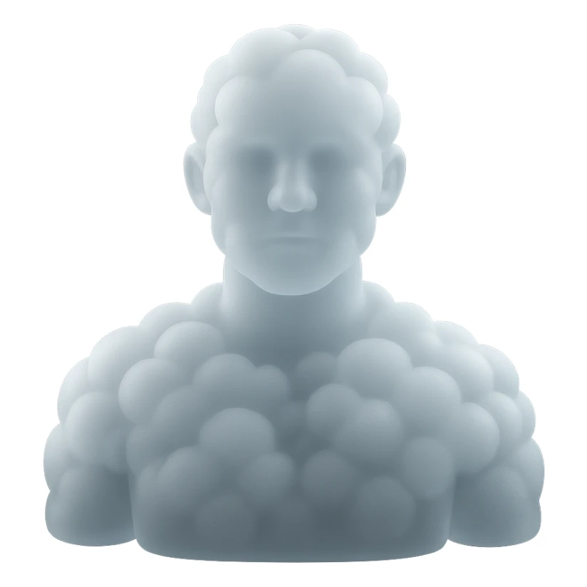 person looking straight, fully made of white fluffy convex clouds, shoulders, matte glass style sticker