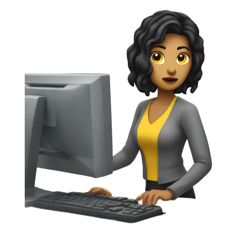 yellow skin black hair woman work on computer sticker