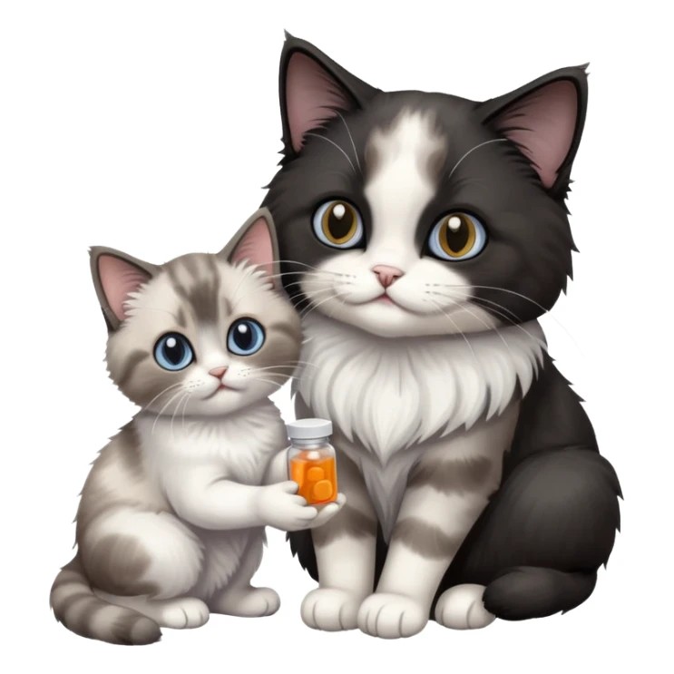 Adult ragdoll cat giving some pills to a black kitten sticker