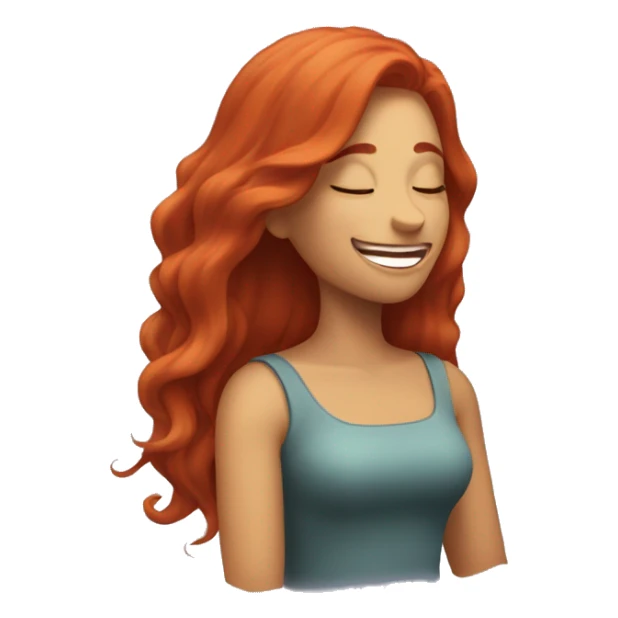  woman with long red hair gently chuckling, happy, eyes closed, subtle laughter, 3/4 view sticker
