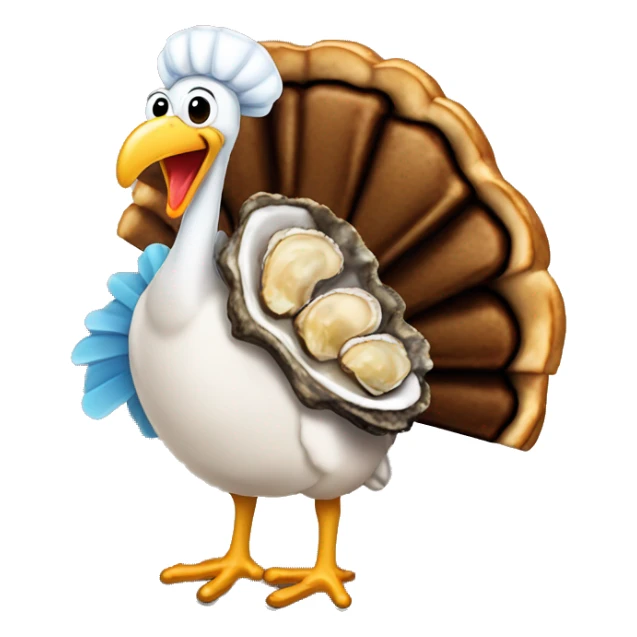 Standing Turkey next to very Burnt dark toast and oysters sticker