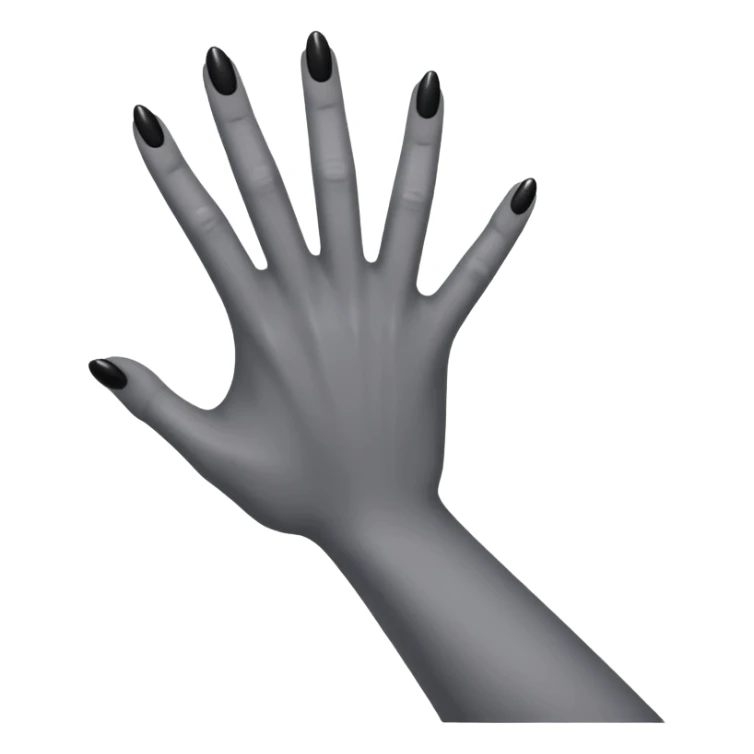 front angle view of a grey colored arm and hand reaching out with black nails sticker