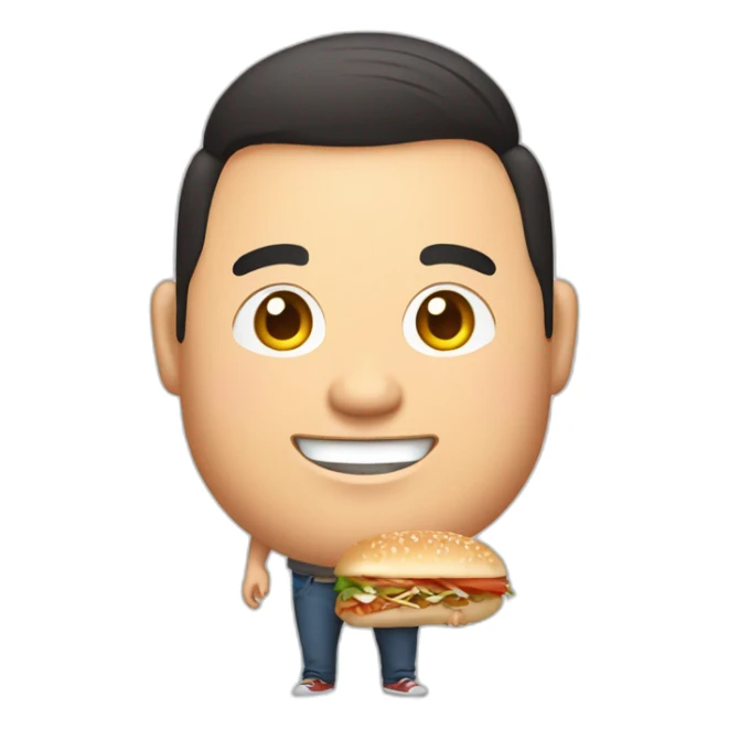 A chubby brunette Asian man smiles and holds a doner sticker
