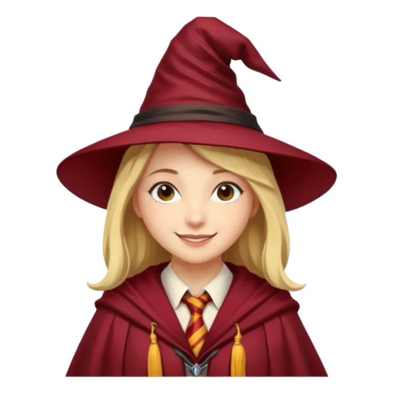 A young woman wearing a classic witch’s hat, red tie, and wizarding robes. This outfit suggests she's a student from Gryffindor House (from the Harry Potter universe), as the red tie is a signature detail of that house's uniform. sticker