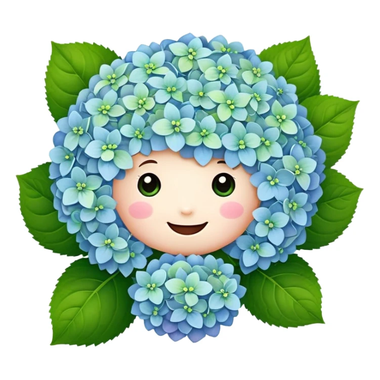 Adorable cute hydrangea flower with happy face, puffy round cluster of pastel colored tiny blooms, cheerful appearance, and cute little green leaves sticker