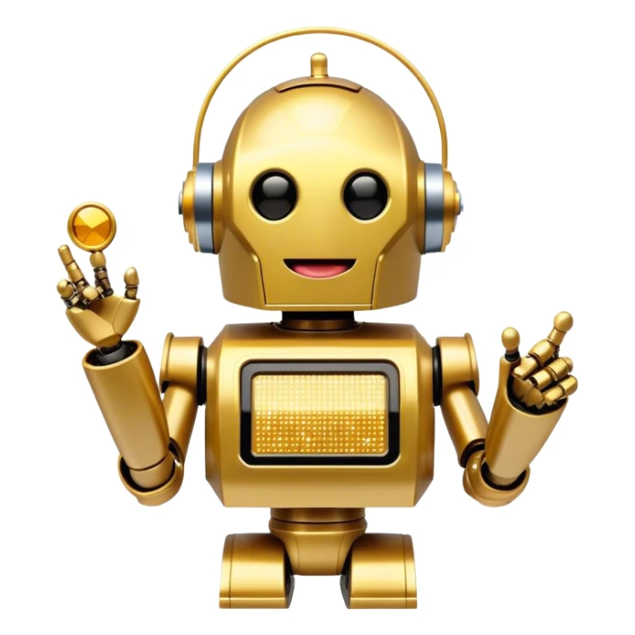Sparkling Gold variant DaftPunk-style robot talk box, tongue out, laughing, cute sticker