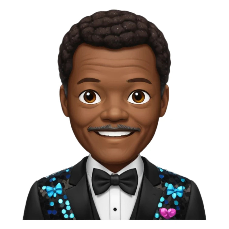  Samuel L Jackson with dark brown hair, black sequin suit with bow tie sticker