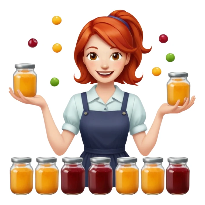 redhead woman juggling with 3 glass jars with jam sticker