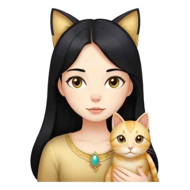 long black hair girl  with light gold cat sticker