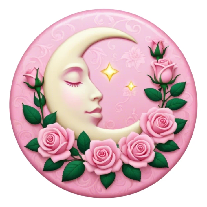 A round pink button with a light cream full damask moon and pink roses in the center sticker