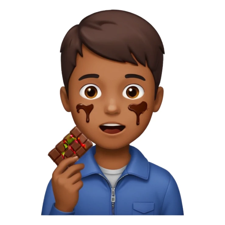 A boy holding a chocolate bar with him chewing on the bite he took sticker
