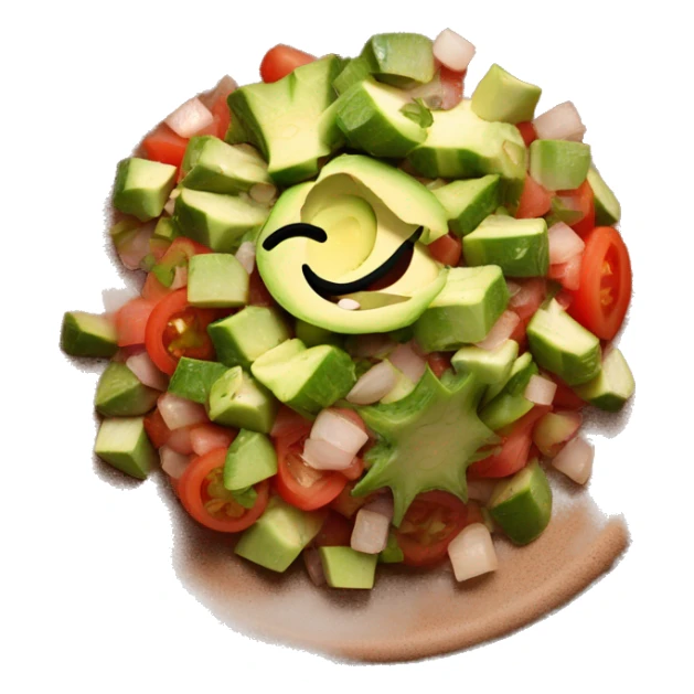 Mexican cactus salad, diced tomato, diced onion, diced avocado, cilantro, on brown clay plate sticker