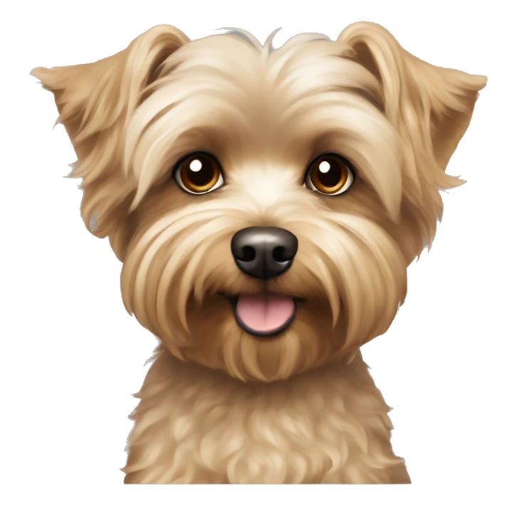yorkie bichon mix. dog with light tan curly fur, long ears down. dark brown eyes, looks sadish. sticker
