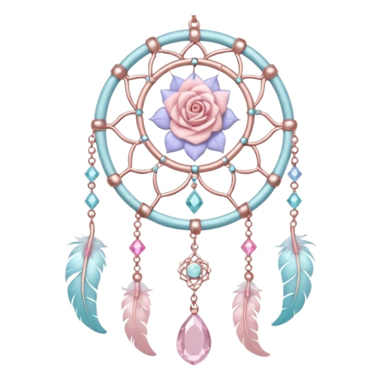 Rosy shiny glossy sparkly romantic pastel crescent damask moon with rose quartz pastel vines pastel gems pastel beads with feathers and chains  suncatcher-dreamcatcher sticker