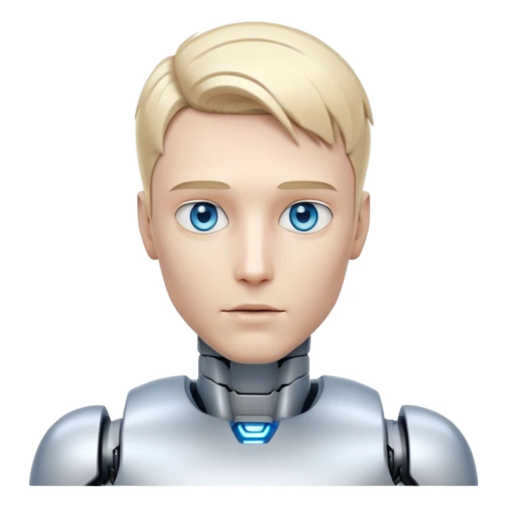 Male humanoid robot with short blond hair, metallic face, digital eyes, sharp jawline, futuristic sticker