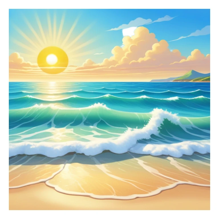 A beautiful  shoreless seascape with waves in warm tones under a bright sun, with the azure sea occupying the foreground. The sunlight reflects off the water, creating a vibrant, peaceful atmosphere. The background features a stunning sky with soft clouds and a distant horizon. sticker