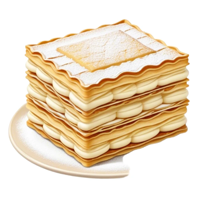 Cinematic delicate mille-feuille, thin crispy pastry layers filled with smooth vanilla cream, dusted with powdered sugar, elegant presentation, highly detailed and sophisticated. sticker
