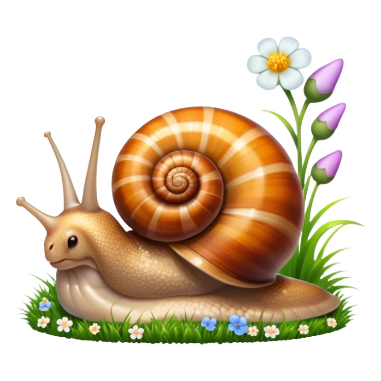 Close-up of large home snails inside a terrarium, showcasing their soft, spiral shells and glistening bodies, with a gentle light highlighting their details. With stones and grass and flowers. Transparent background. sticker