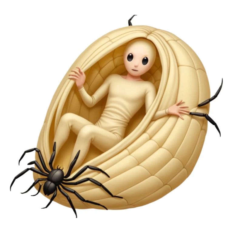 A full body image of a a human-shaped cocoon wrapped in spider silk.
The rounded, segmented wrapping and the faint lines across the surface resemble the way spiders encase prey (or unlucky characters) in silk this is meant to be a web-wrapped human body sticker