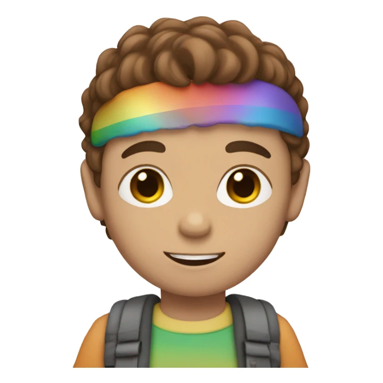 a boy with brown hair holding a heart with rainbow colors sticker