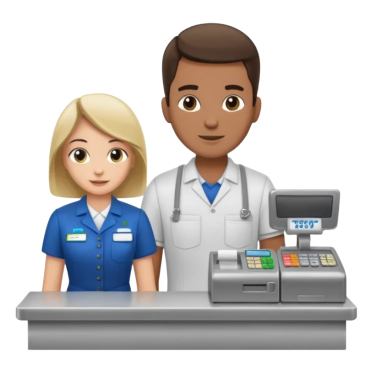 Supermarket employee at a cash register, full body, serving a man sticker