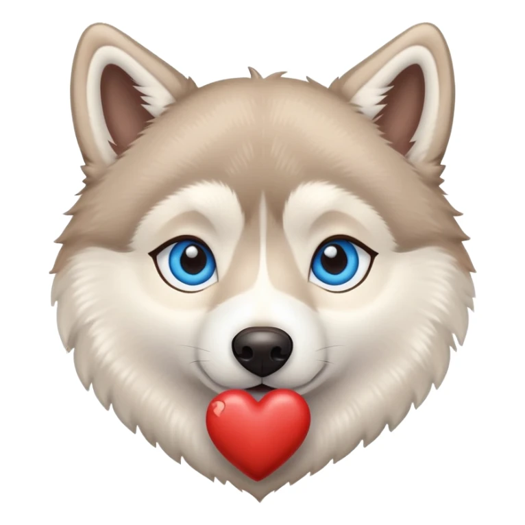 Beige husky with blue eyes holding a brown heart sticker