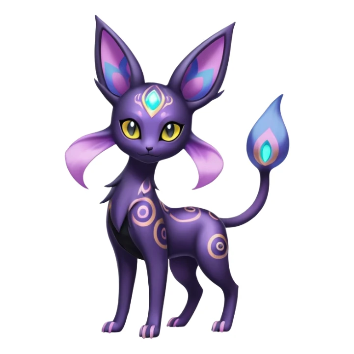 Shiny Exotic Badass Colorful Ethereal Royal Mysterious Gothic Espeon-Umbreon-Pokémon-Fakémon-hybrid-creature (full body) with random pattern-markings sticker