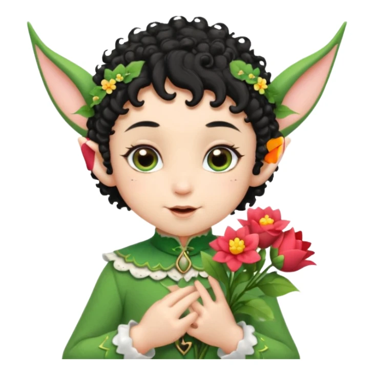 Tiny elf baby black curly hair with pointy ears, hold flowers sticker