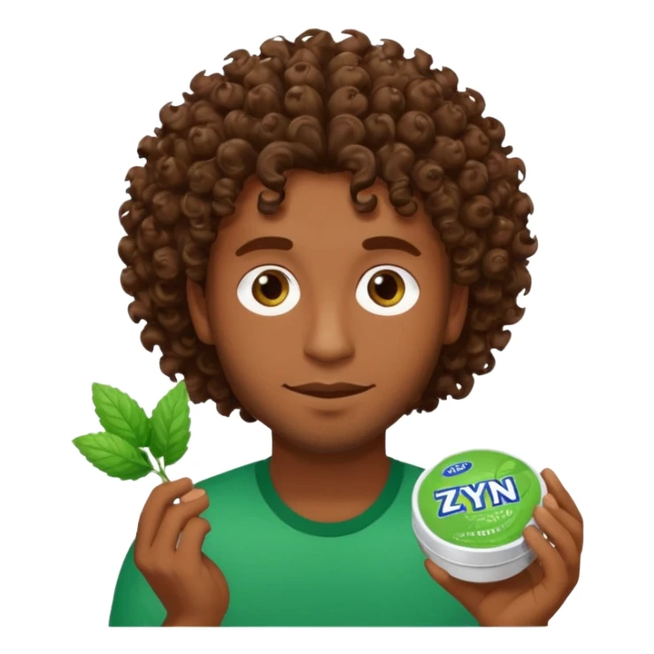Man with Curley brown hairholding Zyn spearmint snus sticker