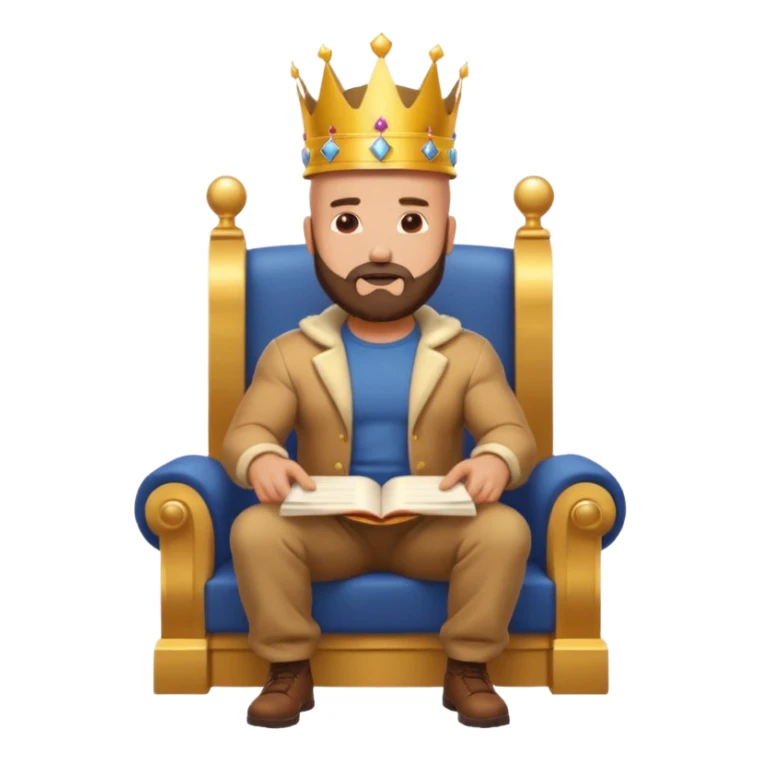 Buff bald bearded man wearing crown and cap, sitting on throne of documents, Instagram icon floating, golden glow, minimal emoji sticker