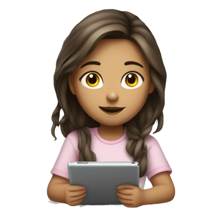 A girl with European features is sitting at a table and drawing on a tablet. sticker