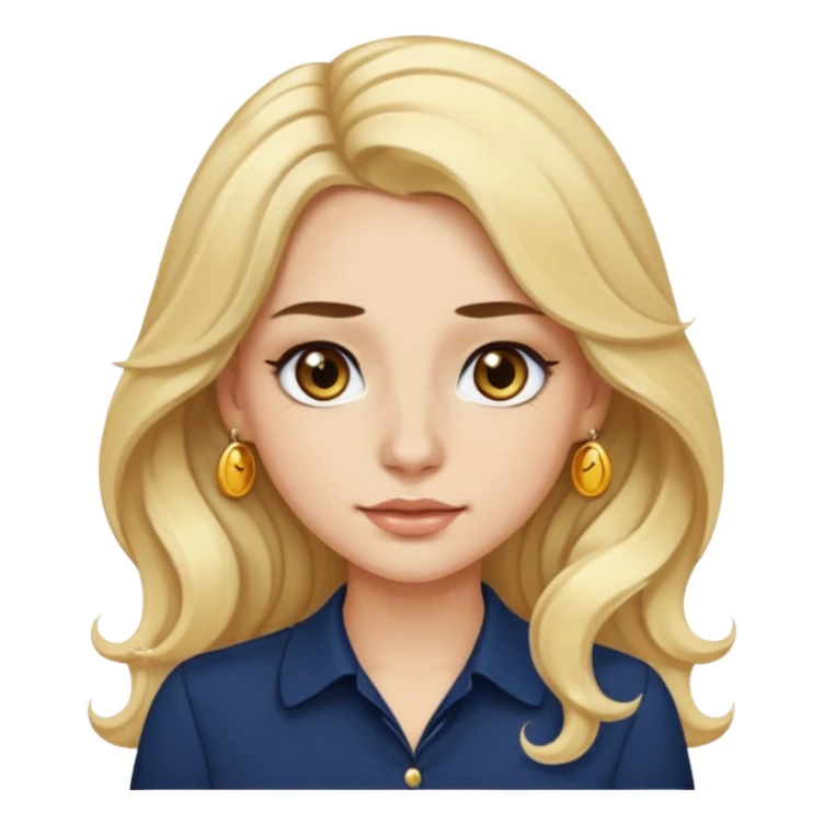 female with long wavy blonde hair, brown eyes, small gold nose stud, black eyeliner, navy blue blouse, emoji style sticker