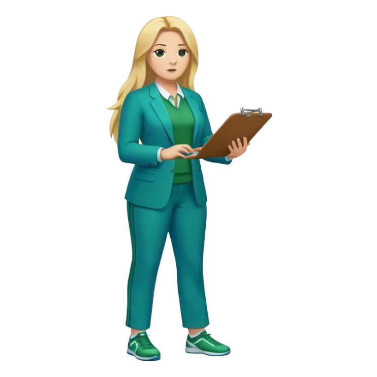 Full Body white plus size female basketball head coach using a clipboard with long blonde hair in a blue and green suit sticker