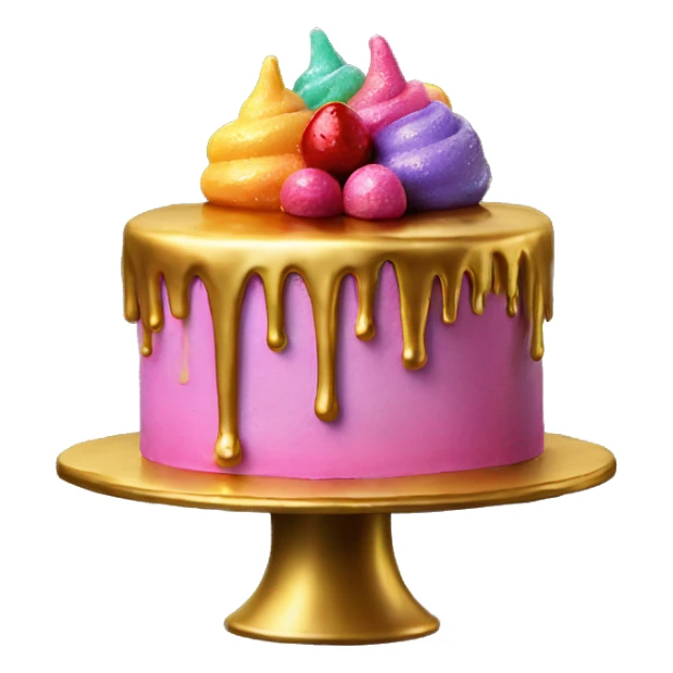 Realistic isolated colorful cake with metallic gold icing dripping from top and all down along the cake sticker