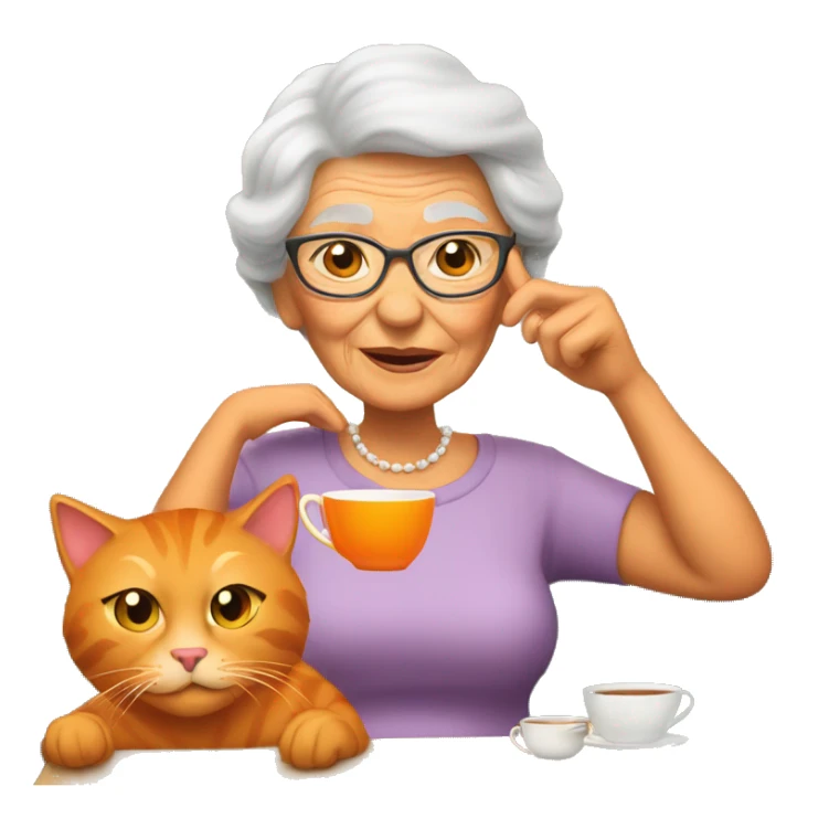 Grandma with hot tea on a couch with her orange cat  sticker