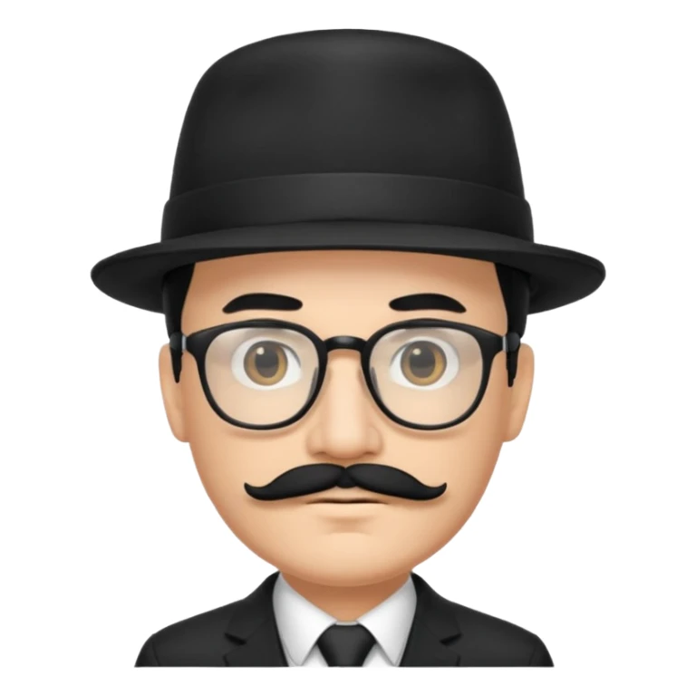 black hair dad in black suit and glasses with mustache and a hat sticker