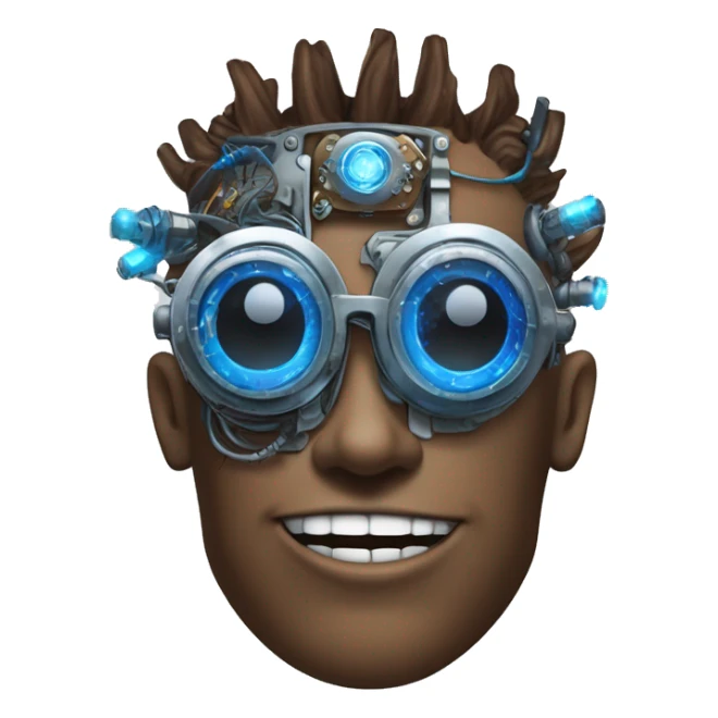 Brown cyborg head with blue Mohawk, blue beard, silver steampunk monocle goggles a smile and circuits sticker
