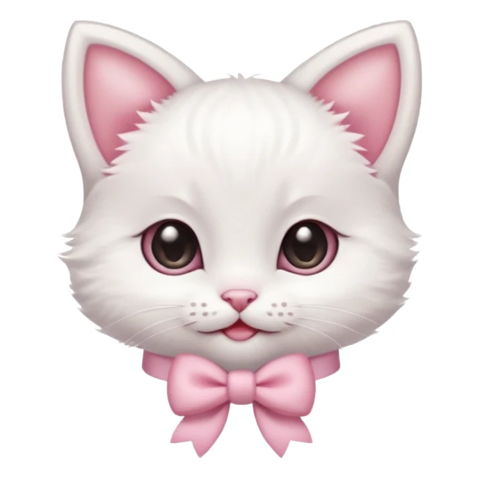 A tiny white kitten with innocent eyes, rosy pink cheeks, and an adorable smile, sporting a dainty pink bow on its head sticker