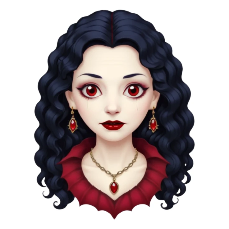 old Vampire lady Pale queen with ruby necklace, curly black long hair sticker