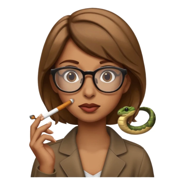 can you create a sneaky SNAKE with big glasses smoking a cigarrette - with light brown hair, with hands on her chin as if she's innocent but with a bitchy look in her eyes and cigarrette in the mouth - the emoji itself is a snake with all these characteristics sticker