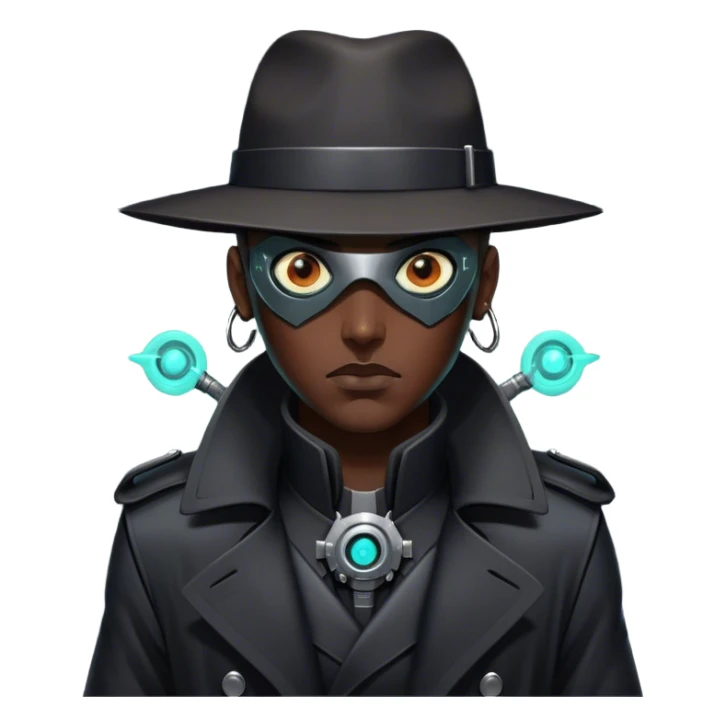 A dystopian bounty hunter, black trench coat, cybernetic eye glowing sticker