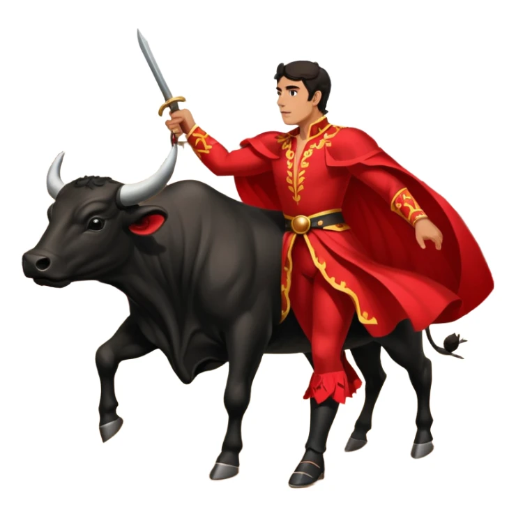 Create a realistic image of a traditional bullfighting scene in a Spanish arena.
Show a bullfighter (matador) HOLDING a red cape (muleta) not wearing one. as a powerful black bull charges toward it. sticker