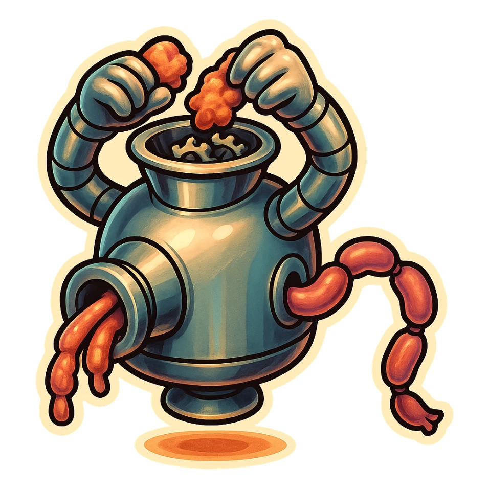 hovering robot. stuffs material into large hole on its top with 2 arms. no head. hole is where a head would be. spinning gears and blades in hole grind material. sausage links come our of hole on backside.  3/4 view. between realism and cartoon. well lit. no dramatic lighting. metallic shiny robot. works diligently. dark humor sticker