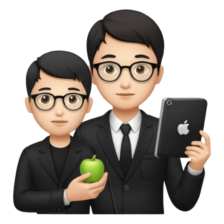 a asia white man guy his 26olds wearing an apple notebook, wearing bodyguard radio operator, round glasses, black clothes sticker